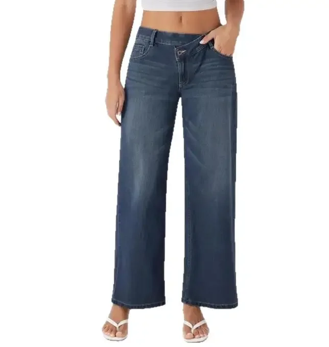 

New Asymmetric Low Waist Diagonal Button Zipper Jeans Personalized Street Style Women's Fashion Straight Denim Pants