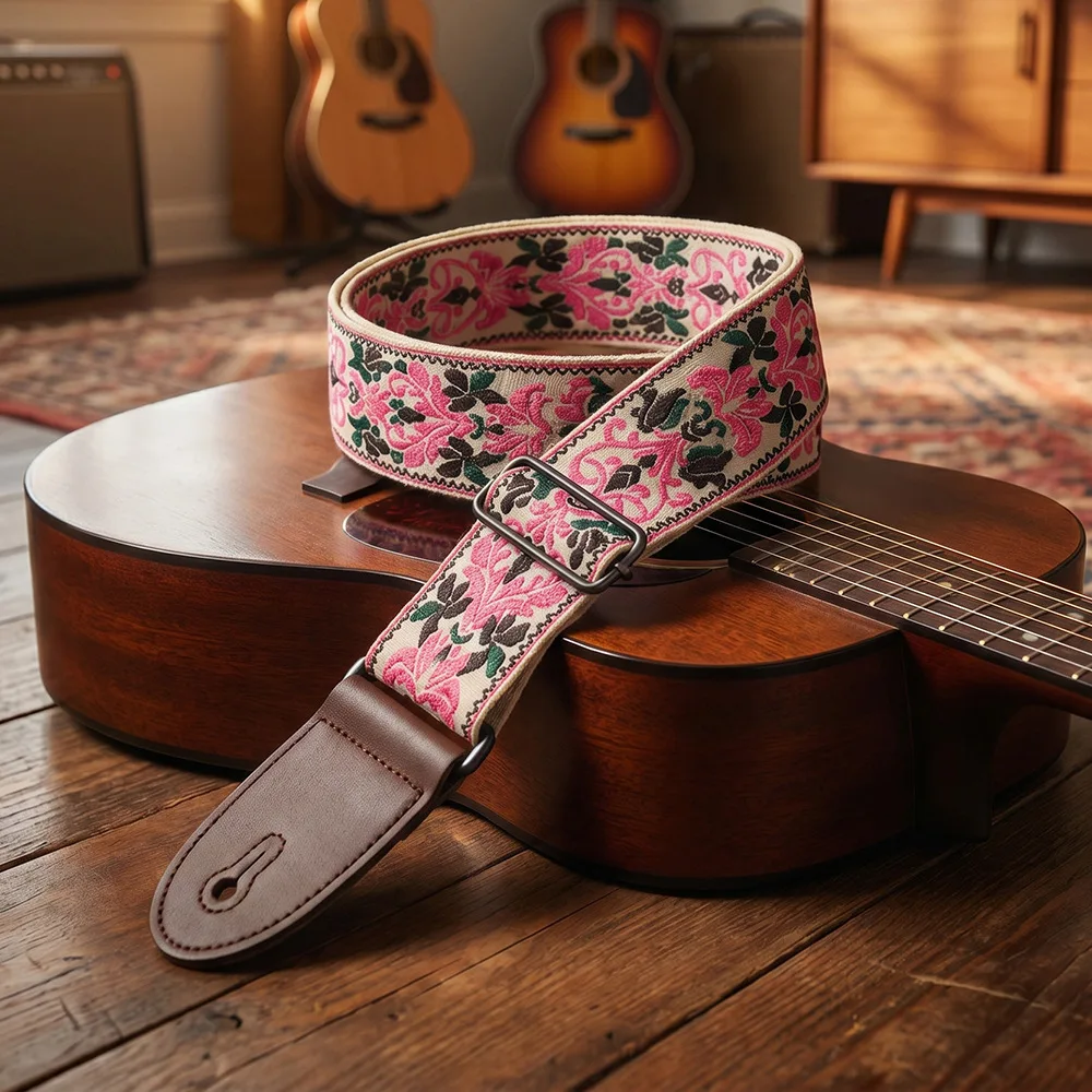 Gitarrengurt, bestickter Gürtel, verstellbare Gitarrengurte mit Lederenden für Bass-, Akustik-, Elektro-Gitarren und Ukulele-Instrumente – Detail 15