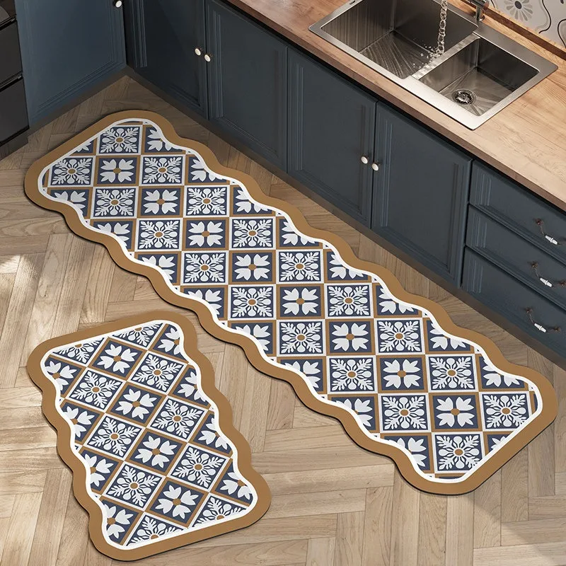 Retro Wave-shaped Kitchen Floor Mat Anti-slip Carpet Long Strip Runner Rugs PVC Oil-proof Waterproof Mats Alfombras De Cocina 카펫