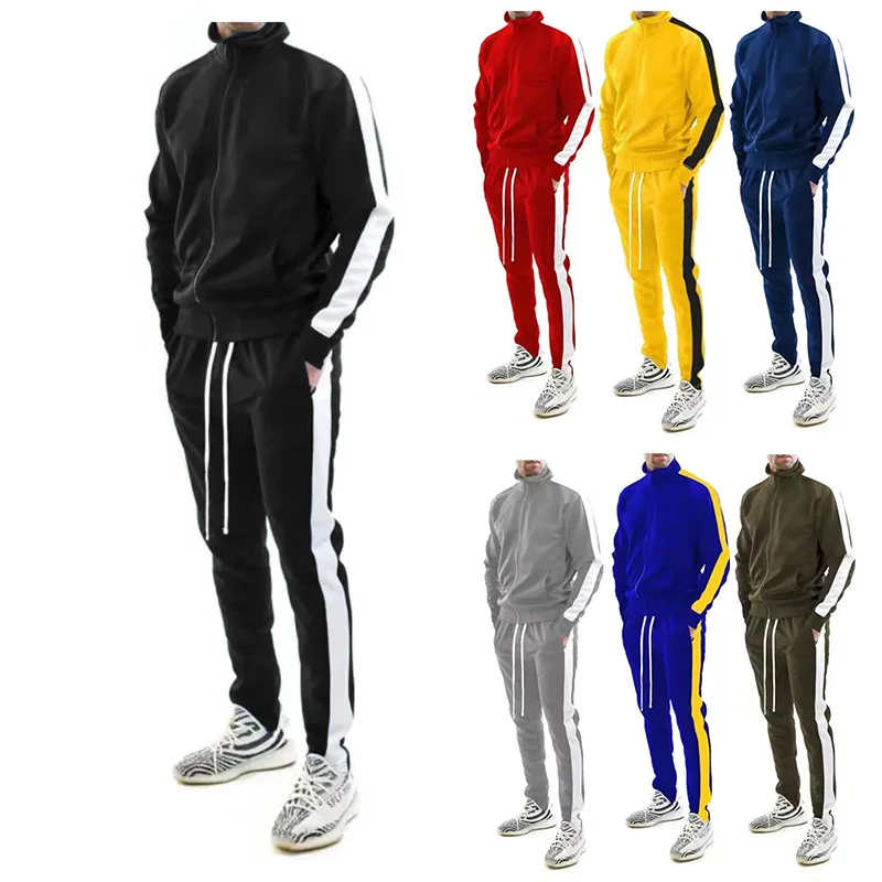 Spring And Autumn New Fashion Men\'s Clothing Casual Sports Stripes Matching Color Stand Collar Jacket Trousers Two-piece Set