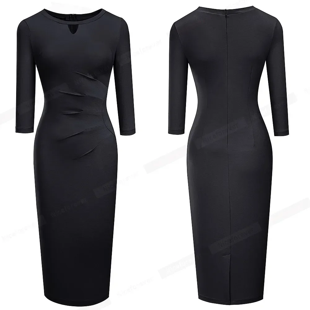 

Nice-Forever Autumn Women Elegant Solid Color Work Hollow Out Dresses Office Business Vintage Bodycon Dress btyB607