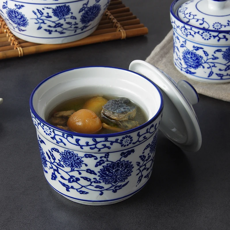 Blue And White Porcelain With Lid Soup Steamed Egg Stew Home Ceramic Dessert Small Kitchen