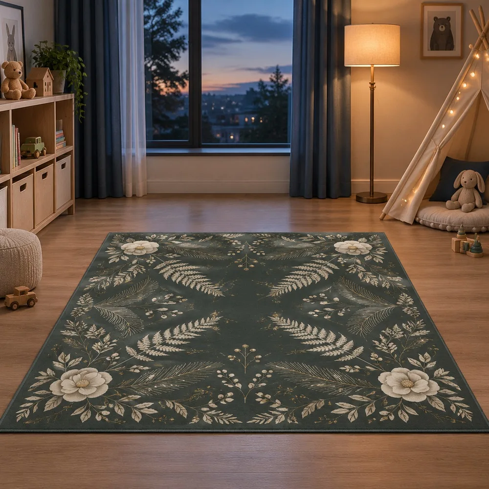 VIKAMA Area Rug Deep Sage Fern Pine Camellia Botanical Plush Stain Resistant Bathroom Hallway Bedside Laundry Room Home Decor