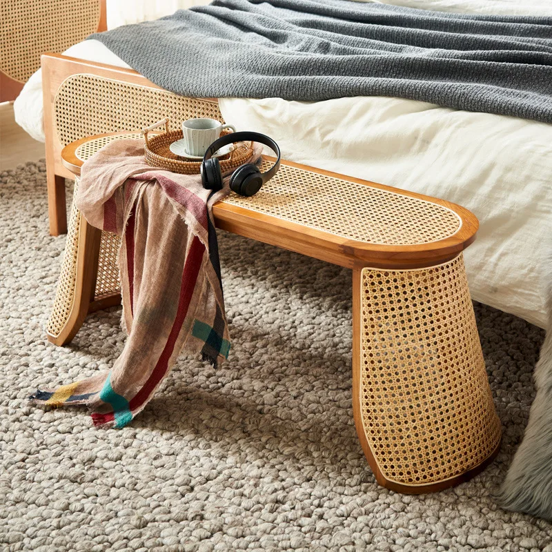 Wabi Sandy Wind Solid Wood Bench Household Simple Rattan Bench Homestay Hotel Bedroom 1.2m End of Bed Change Shoes Long Stool