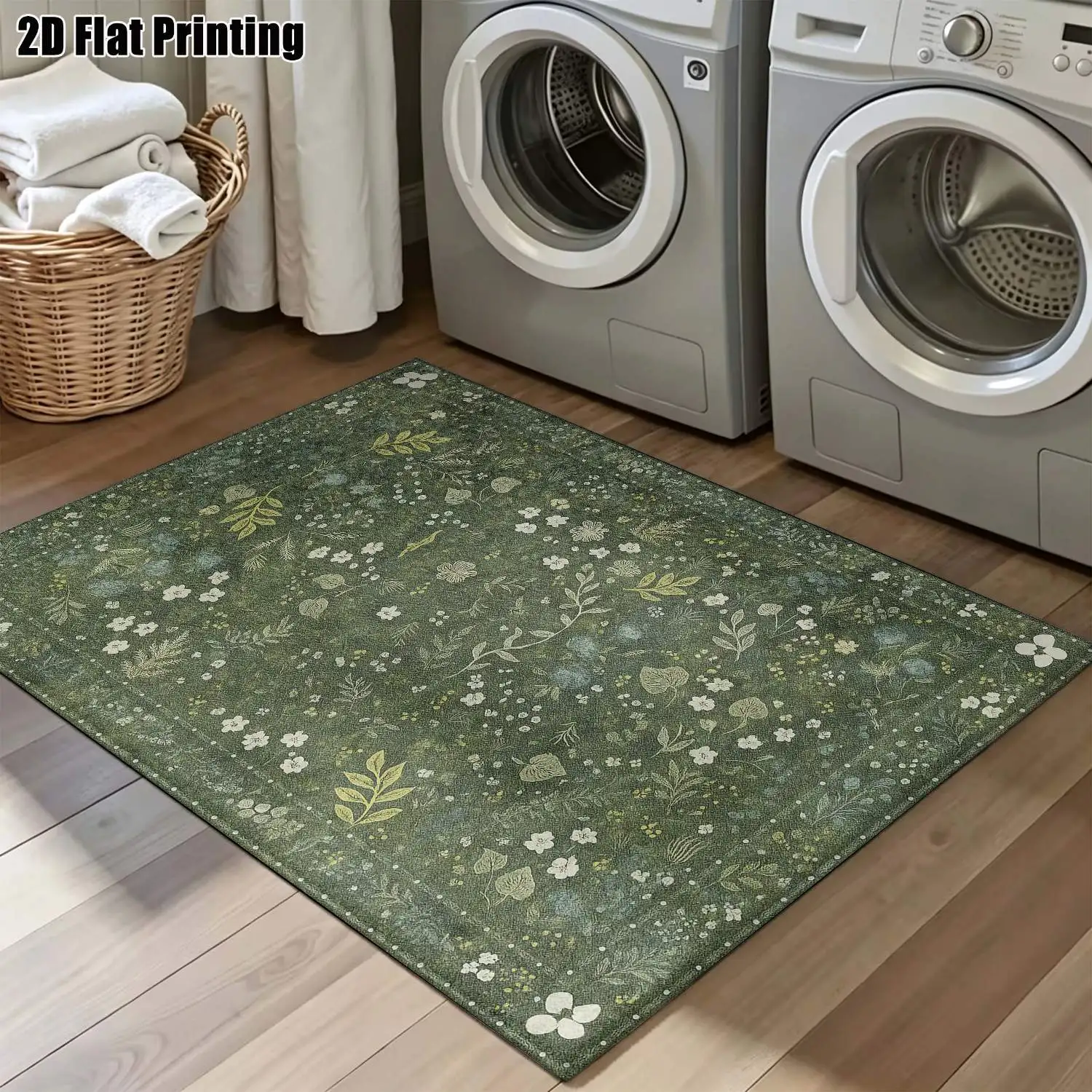 1Pc 2D Printed Deep Green Floral Leaf Nordic/Instagram Style Minimalist Vintage Carpet: Home Decor, Multi-Size, Machine Washable, Suitable for Entrance, Dining, Foyer, Bedroom, Living Room