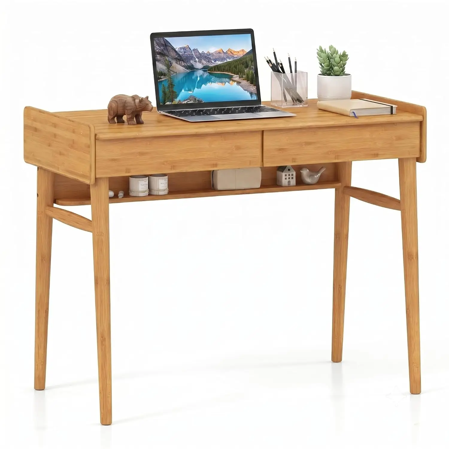 Bamboo Desk with Drawers & Shelf, 39.5-Inch Office Computer Desk with Side Baffles & Cable Management for Bedroom, Customized