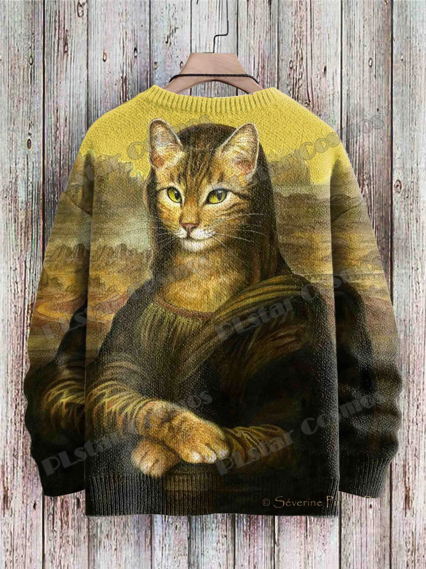 Mona Lisa Funny Cat & Rose Dark Crow Pattern 3D Printed Men's Knitted Pullover Winter Unisex Casual Knit Pullover Sweater ZZM57