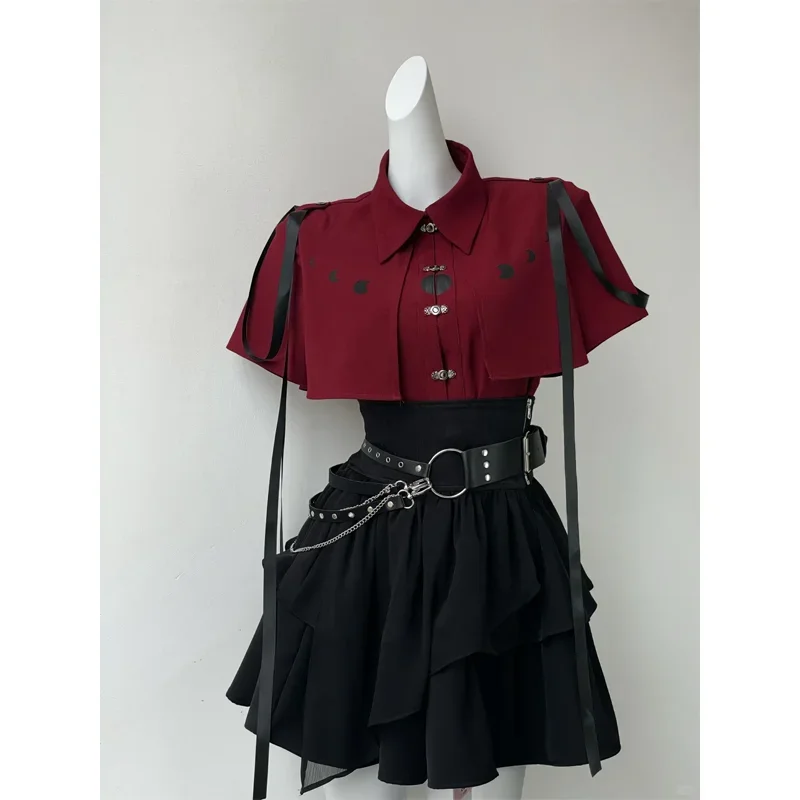 

Vintage Gothic Shirts Slim Mini Pleated Skirts Female Japanese Fashion Skirt Suit Y2k Aesthetic Lolita Style 2 Piece Sets Women