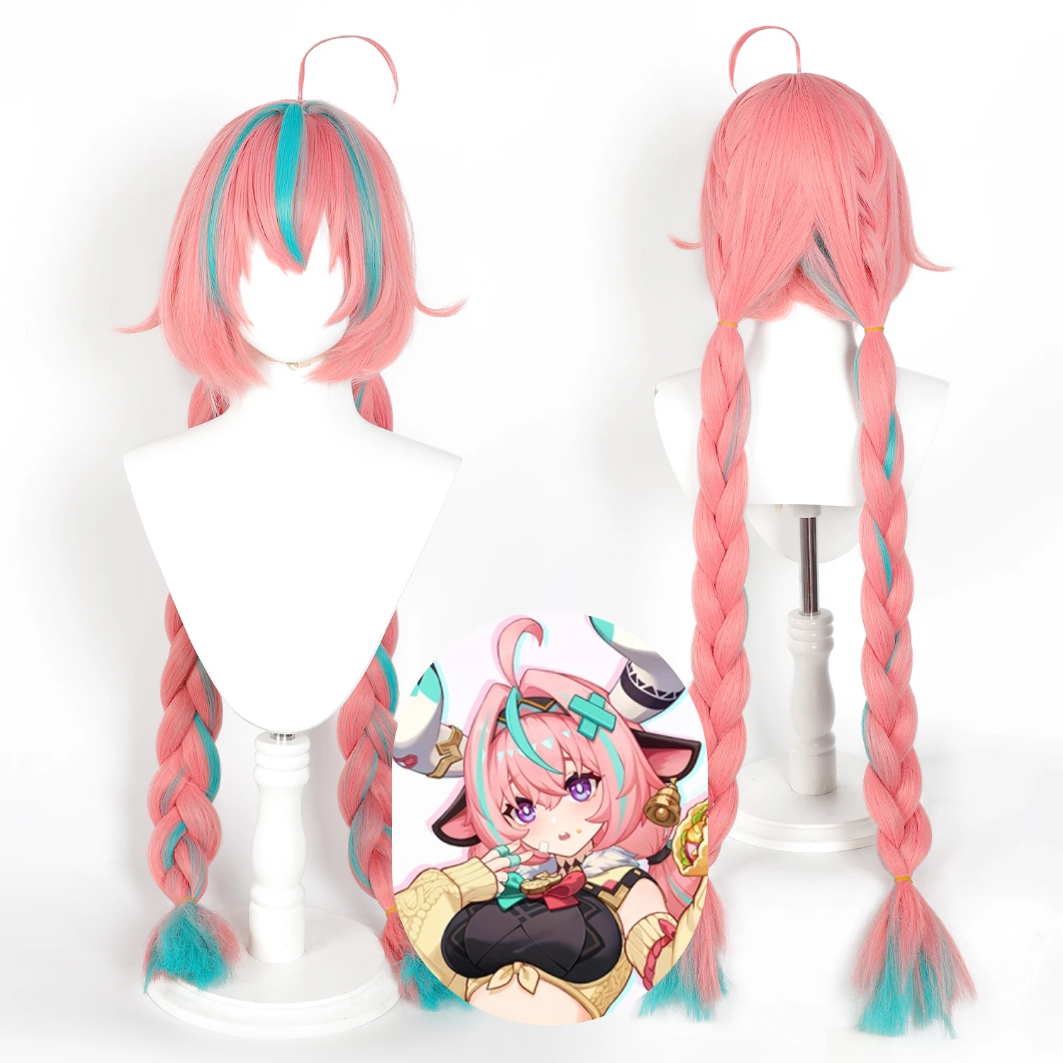 100cmPink Double Braid Cosplay Wig with Blue Highlights Long Synthetic Hair for Anime Costume Heat Resistant Fiber for Halloween