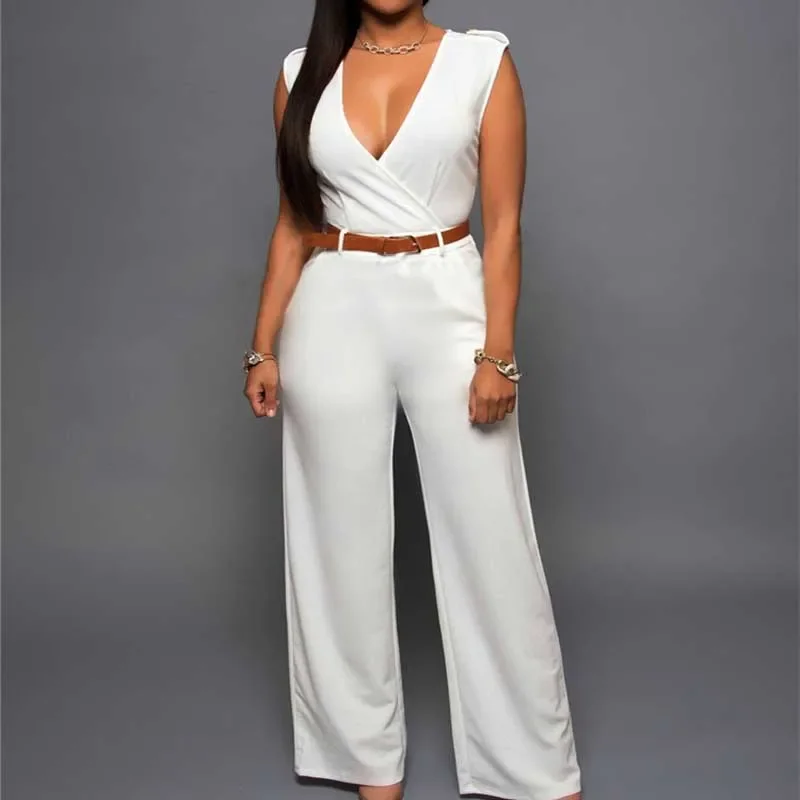 

2024 Jumpsuits for Women Sexy Tight One Piece Office Lady Romper With Belt Sashes Deep V-neck Overalls Fit Jumper Pocket