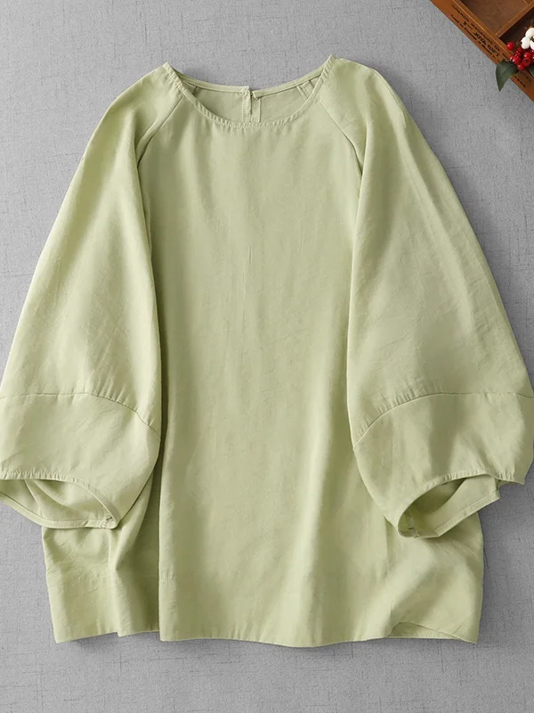 

Свободная хлопково-льняная футболка с круглым вырезом и рукавами-фонариками, женская, больших размеров, повседневный топ, скрывающий живот, с эффектом похудения, рукава 3/4