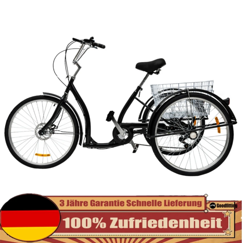 CNCEST 6-Gang-Dreirad, 3-Rad-Cruiser, Dreirad für Erwachsene, 26-Zoll-Dreirad mit verstellbarem Sitz, Korb und rutschfesten Pedalen, Schwarz