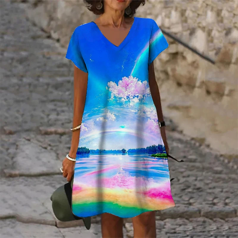 2023 Women\'s New Summer Dress Pullover Fashion Scenery Rose Floral Print A-Line Dress Sexy V-Neck Short Sleeve Oversized Dresses
