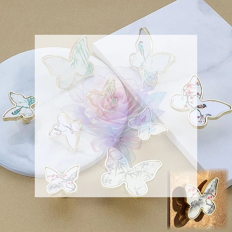 Butterfly Shaped Drawer Knobs Vintage Chinese Painting Pattern Zinc Alloy Furniture Handles for Home Cabinet