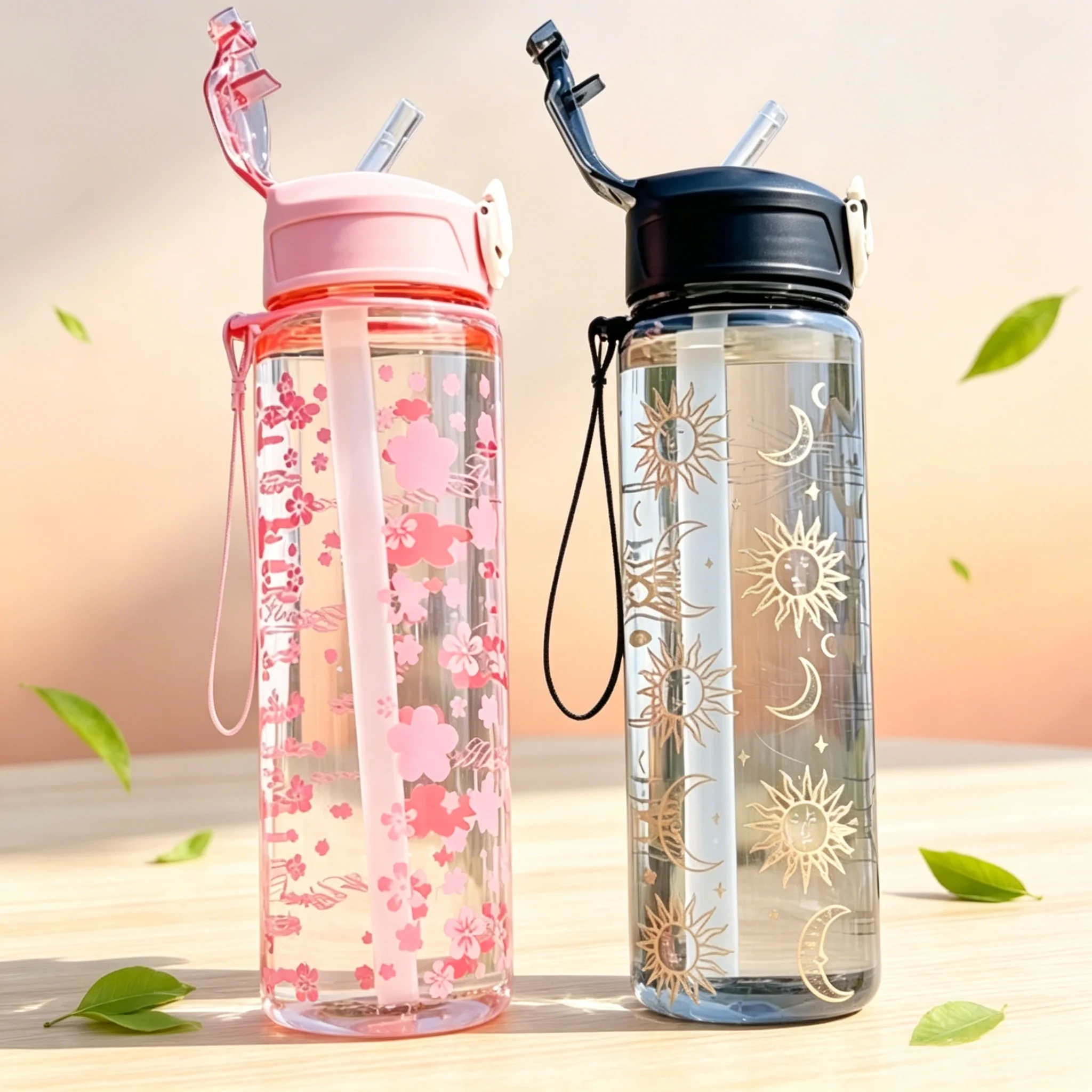 750ML New Creative Trendy Printed Space Cup with a Portable Strap, Pop-Up Lid, Plastic Design, Stylish Straw - For Teens & Adult