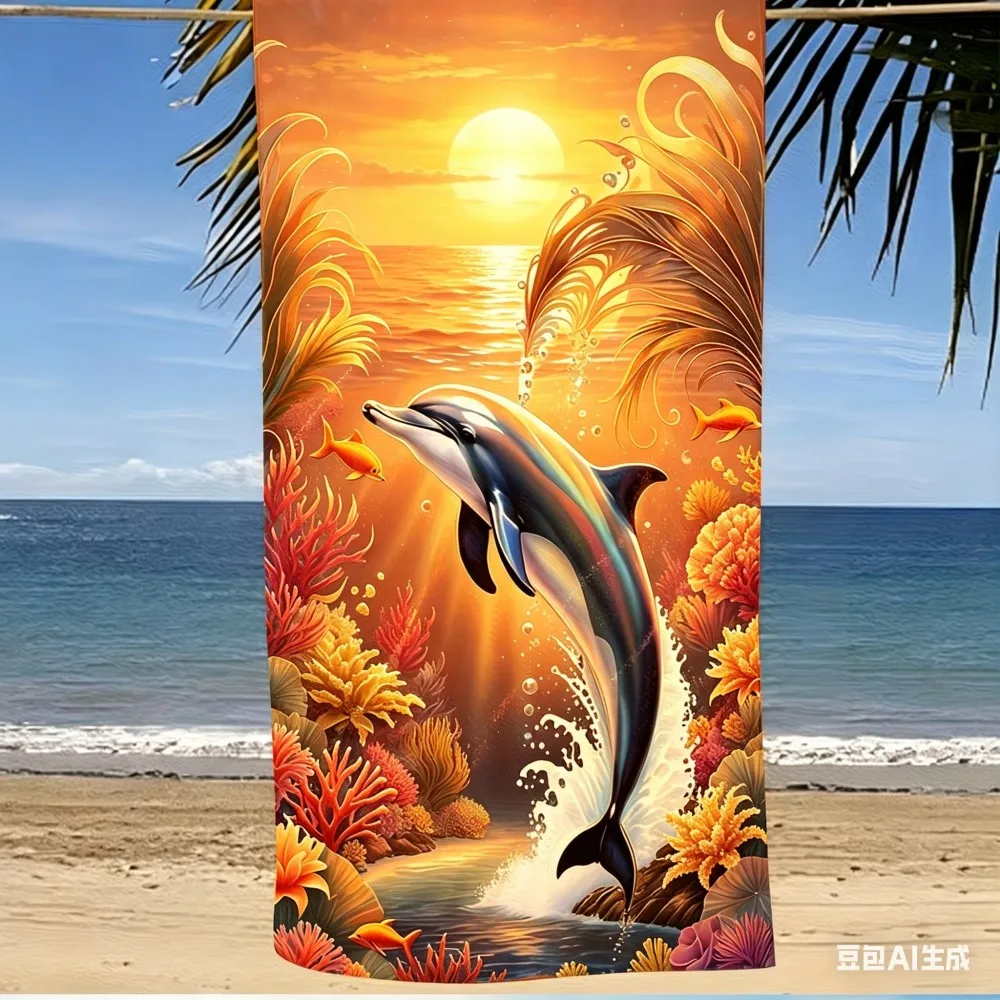 Oversized Dolphin Beach Towel Microfiber, Extra Large Full Body Wrap Quick Dry Sand Free Towel, XL Tropical Sea Vacation Gift