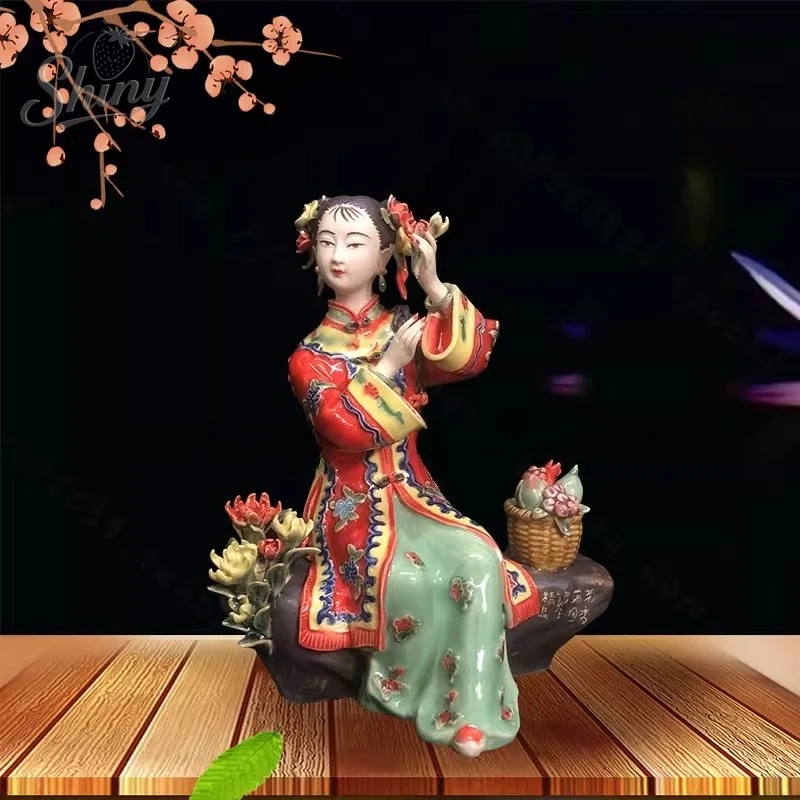 Shiwan Figurine Classical Ceramic Lady Statue Ornament Creative Decor for Living Rooms and Study Spaces
