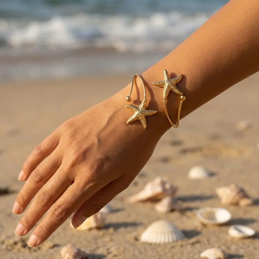 Klassische Metall-Seestern-Manschettenarmbänder für Damen, Punk-Stil, goldfarben, geometrisch, offene, verstellbare Armbänder, Schmuck für Feiertage und Partys