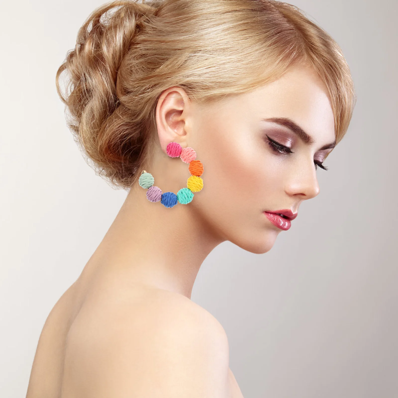 

Boho Raffia Ball Earrings for Women Summer Beach Lightweight Durable Colorful Dangly C-Design Vacation Jewelry Accessories