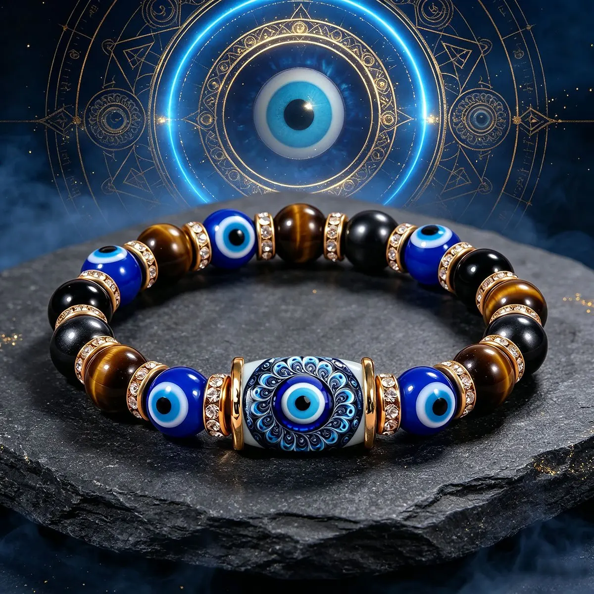 Blue Evil Eye 8mm Beaded Men's and Women's Bracelet, Tiger Eye Red Agate Evil Eye Jewelry, Birthday and Christmas Gift (No Box)