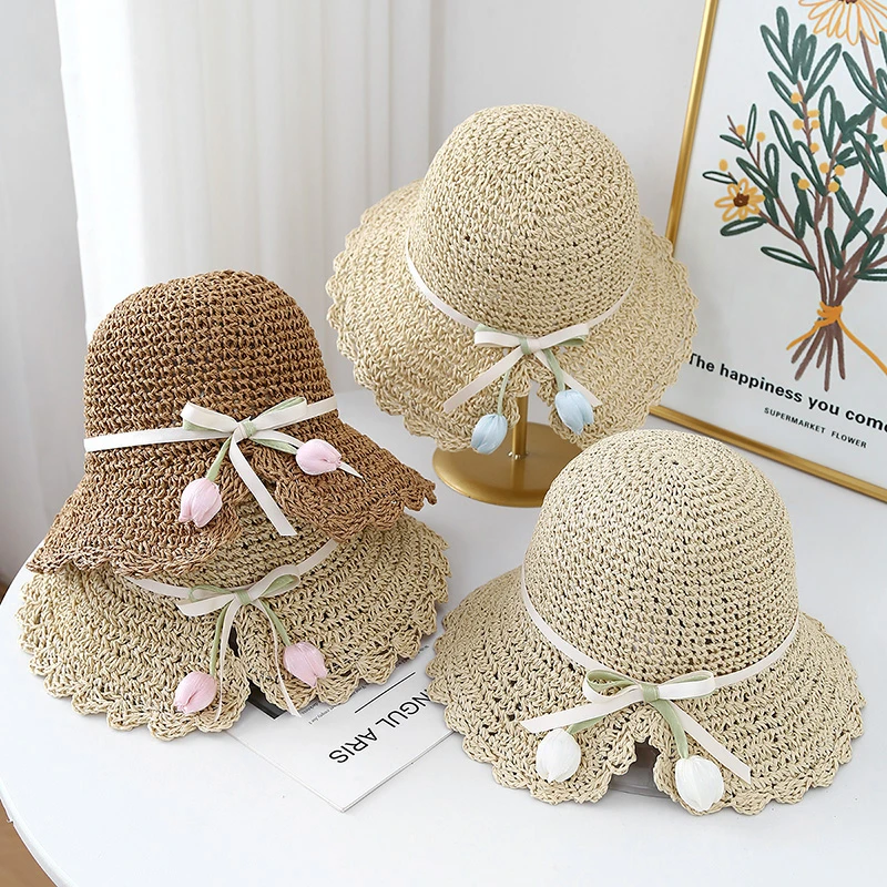 

Весенне-летние шляпы для женщин, панама с цветком тюльпана и лентой с бантом, уличная шляпа от солнца, женская морская праздничная складная шляпа от солнца