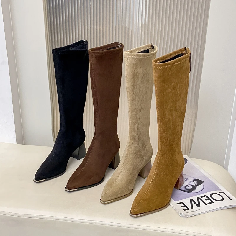 

Designer Skinny Suede Tall Boots Women's New Pointed Toe Block Heel High Heel No Knee Boots for Autumn and Winter Long Boot