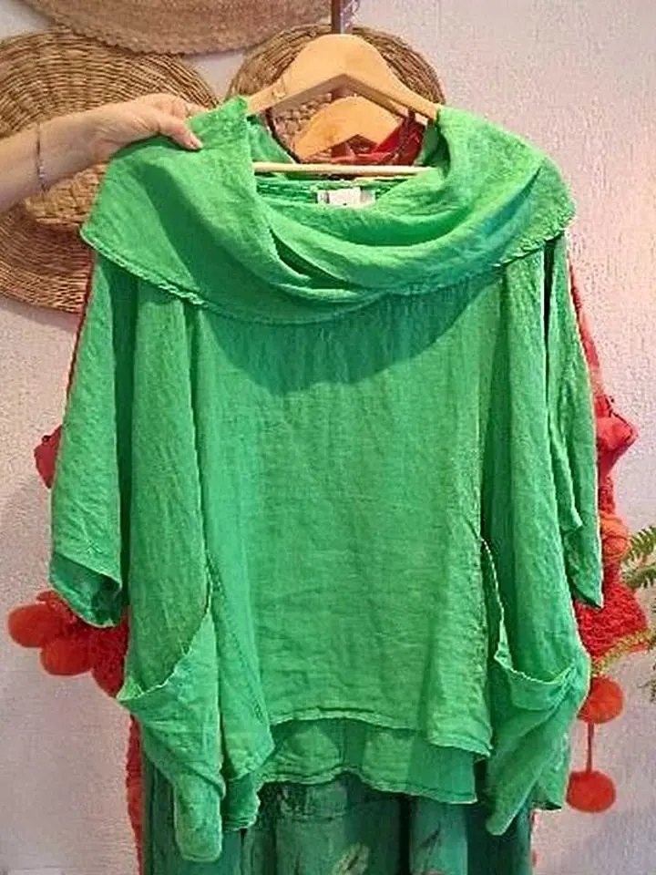 2025 Zomer Mode Vrouwen Shirt Trui Lange Mouw Gedrapeerde Hals Drie Mouwen Top Lijn Pocket Blouses Voor Vrouwelijke