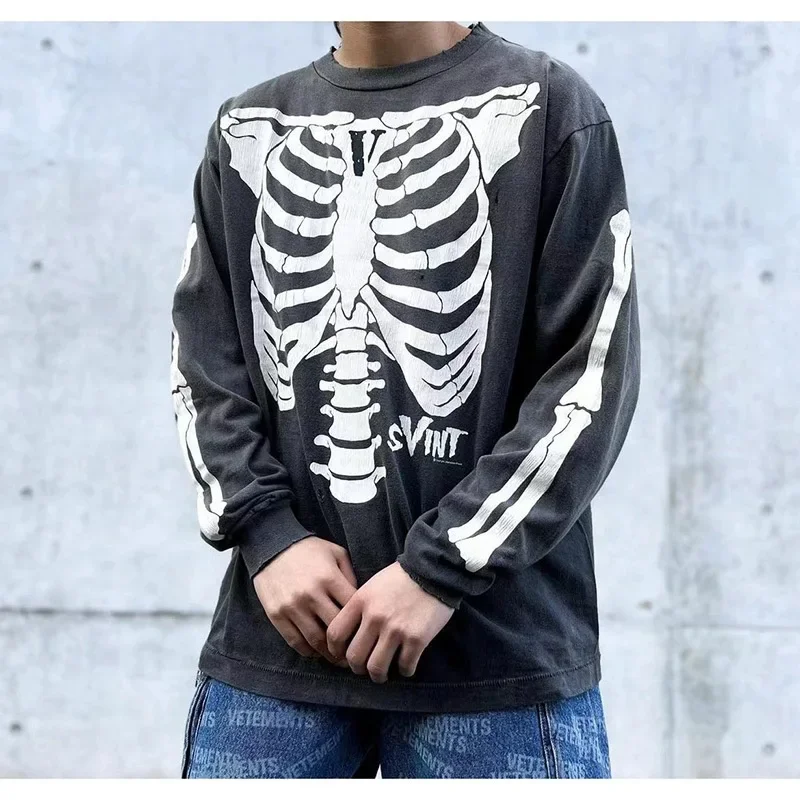 

High Street Oversized Skeletal Rib Crack Print Saint Long Sleeve T Shirt Men Women 1:1 Tags Vintage Washed Black T-Shirt