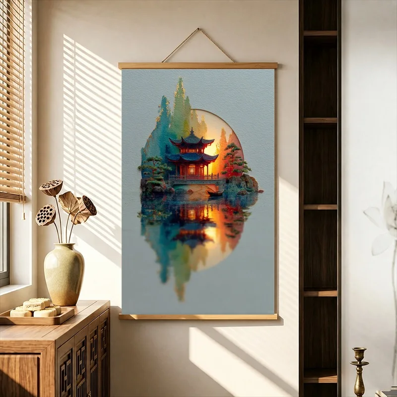 Wall Art Small Pavilion Beside Quiet Mountains, Zen Oriental Pearlescent Canvas Hanging Scroll with Wooden Rods for Tea House
