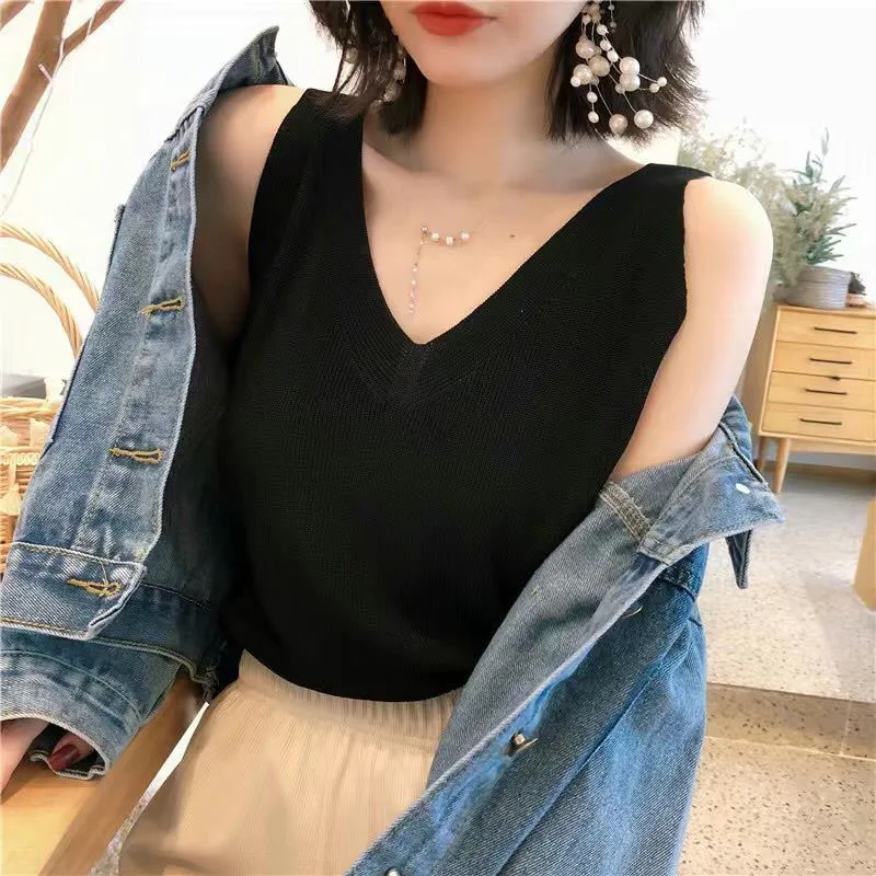 Ice silk Tanks camisole vest women summer sleeveless knitted sweater Korean version loose V-neck short base top trendy top Camis