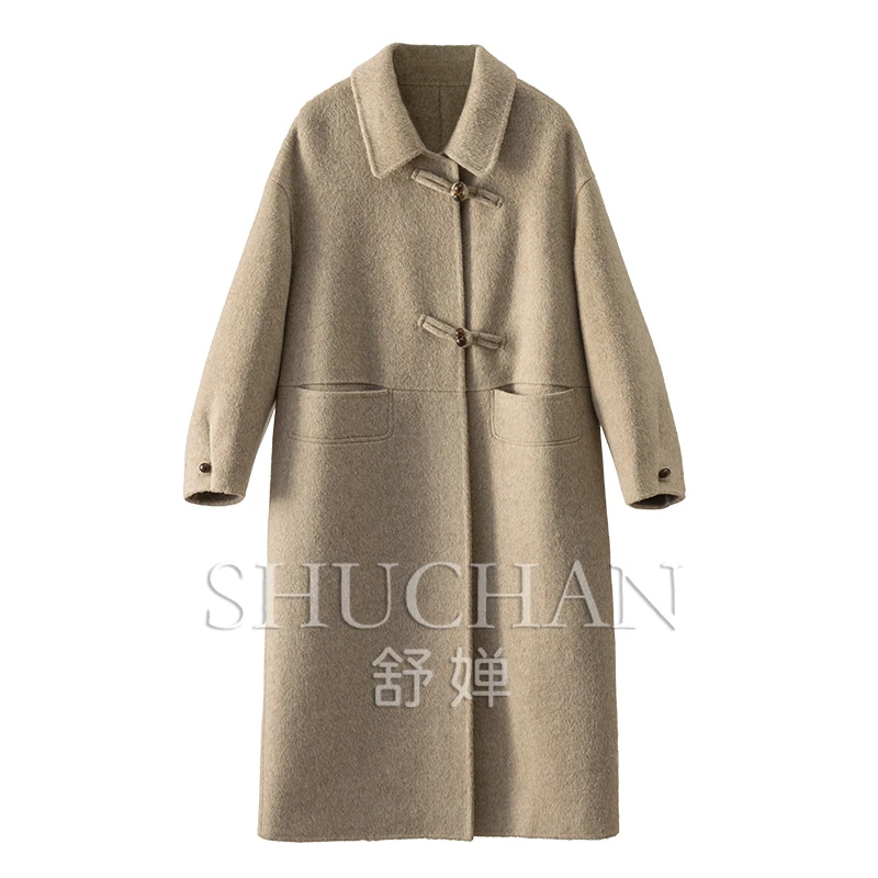 

80% Woo10% Alpaca 10% Natual Silk Quiet Luxury Elegant Woolen Long Coat Women Casaco Feminino Inverno 2024