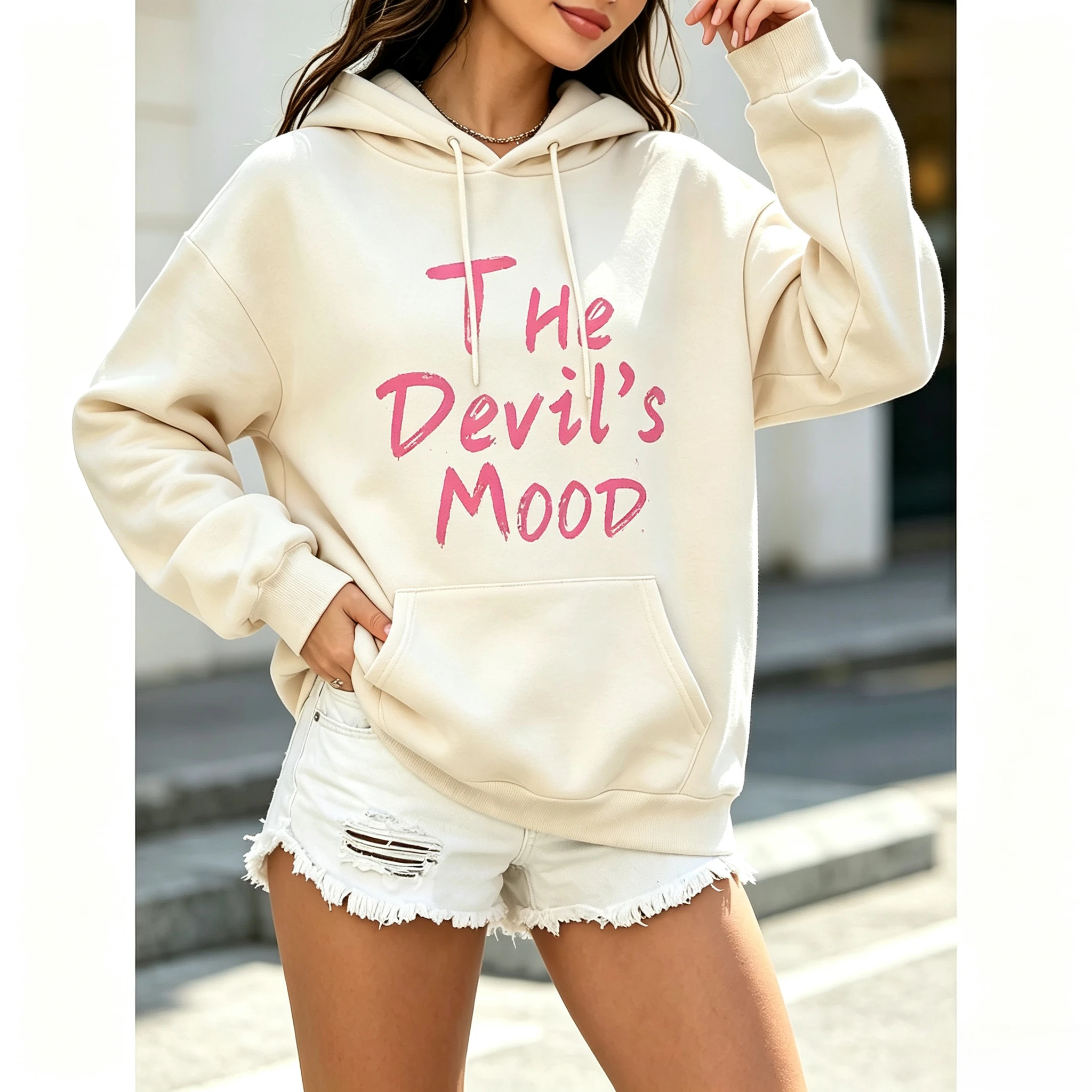 Women Loose Hooded Sweatshirt The Devils Mood Text Letter Graphic Print Soft Warm Daily Street Casual Hoodie