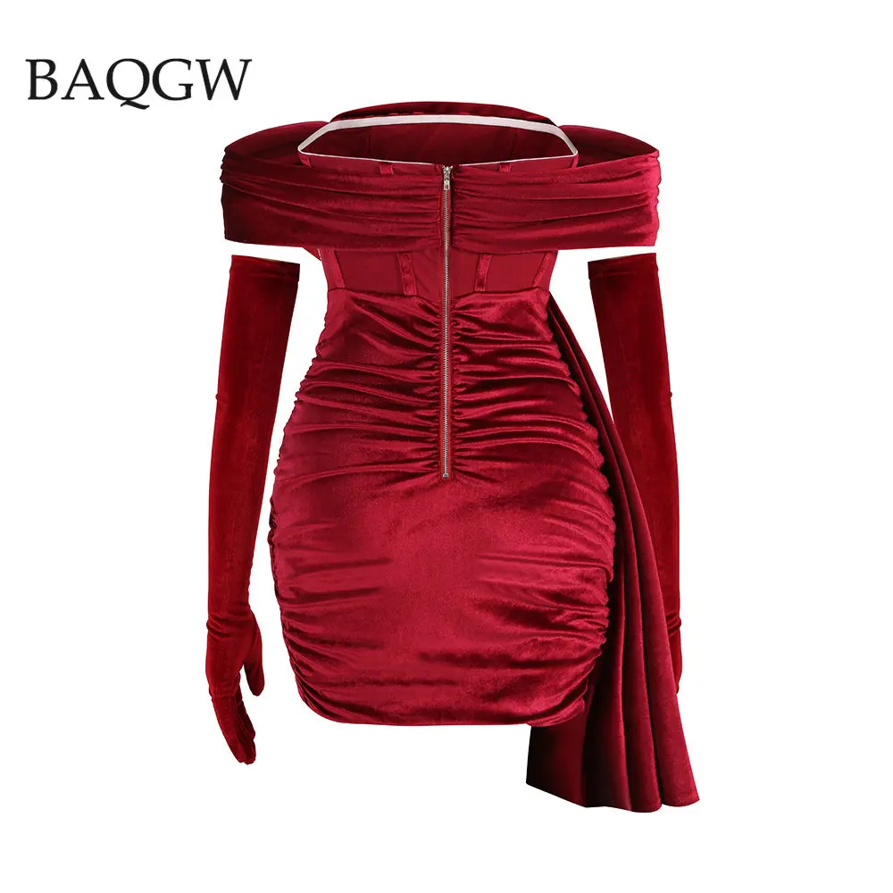 Burgundy Draping Off Shoulder Corset Dress Sexy Velvet Slim Bodycon Mini Dress Women Short Sleeve Evening Dresses with Gloves