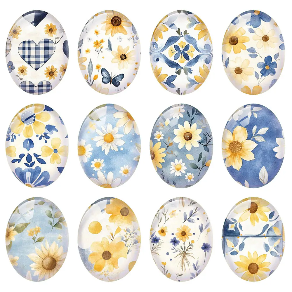 Random Mixed Round/Oval/Square Blue Yellow Sunflowers Lemons Photo Glass Cabochon Flatback Demo Cameo For Diy Jewelry Making