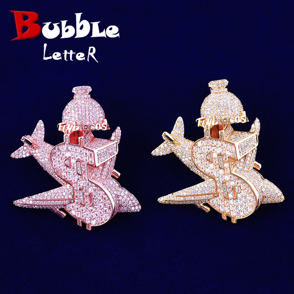 Bubble Letter Iced Out Plane Dollar Sign Necklace Pendant for Men Micro Pave Real Gold Plated Hip Hop Jewelry