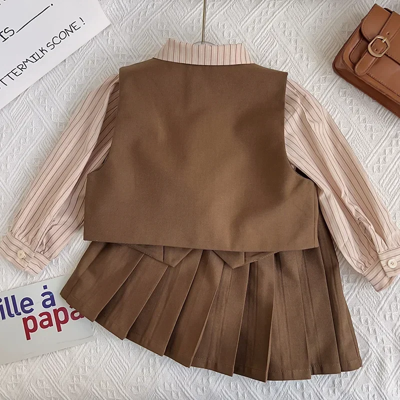 Girls' Clothing Set Academy Style Set Spring Autumn British Style Lapel Striped Shirt+V-neck Vest + Pleated Short Skirt Set 3Pcs