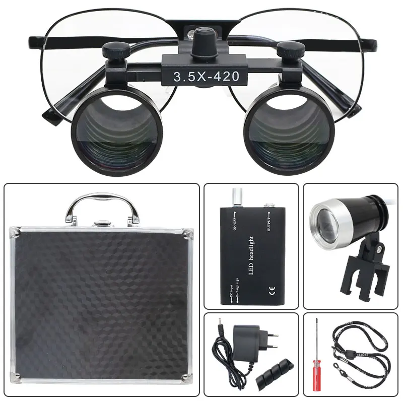 Imagem -05 - Binocular Lupas Metal Case Conjunto com Led Farol & Bateria de Lítio Lupa de Vidro Óptico 320420 mm Dental 3.5x 2.5x Dental