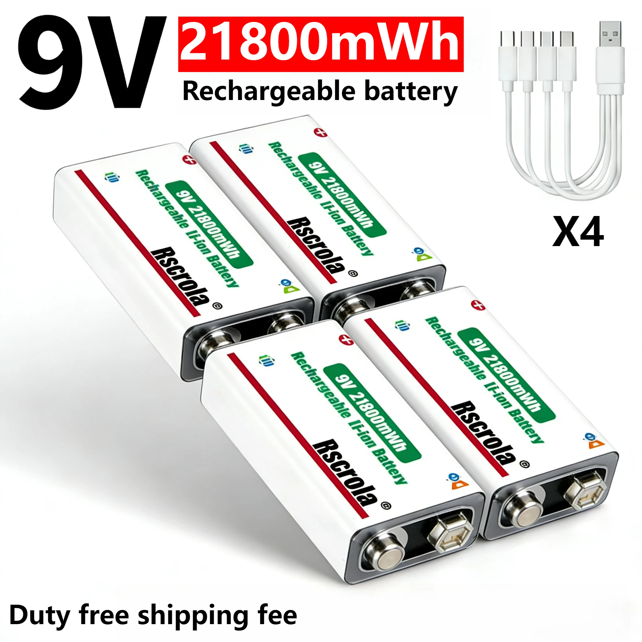 9V Rechargeable Battery 21800mWh High Capacity Li-ion with Cable for Guitar Pedal Microphone Smoke Detector