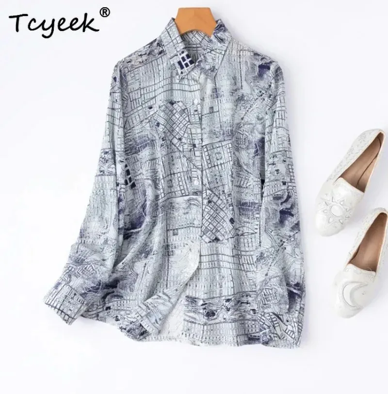 Tcyeek 100% Natural Mulberry Silk Shirt Women Clothes Elegant Blouses Spring Summer Ladies Tops Long Sleeves Print Chemise Femme