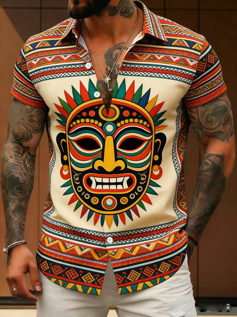 Men's Retro Ethnic Short-Sleeve Shirt Colorful Natural High-Definition Printed Shirt Hawaiian Vacation Outdoor Men's Clothing