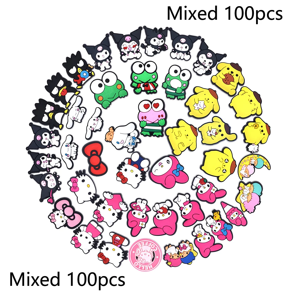 Random 30-200 Mixed Cute Sanrio Cartoon Series Shoe Decoration Designer for Shoe Charms Accessories for Classic Clog Kids Gifts