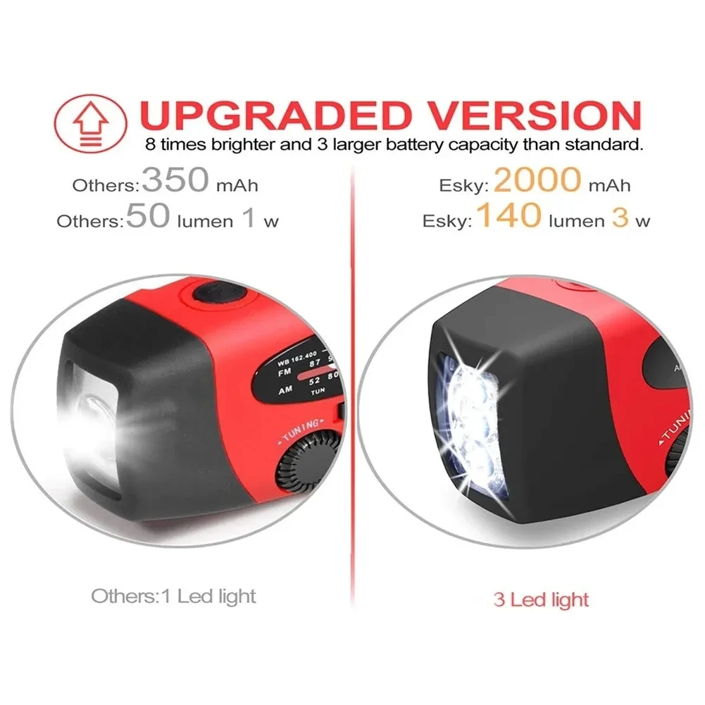 Outdoor Camping Emergency Solar Hand Crank Dynamo Weather Radio FM/AM/NOAA 2000Mah USB Phone Charger Power Bank LED Flashlight