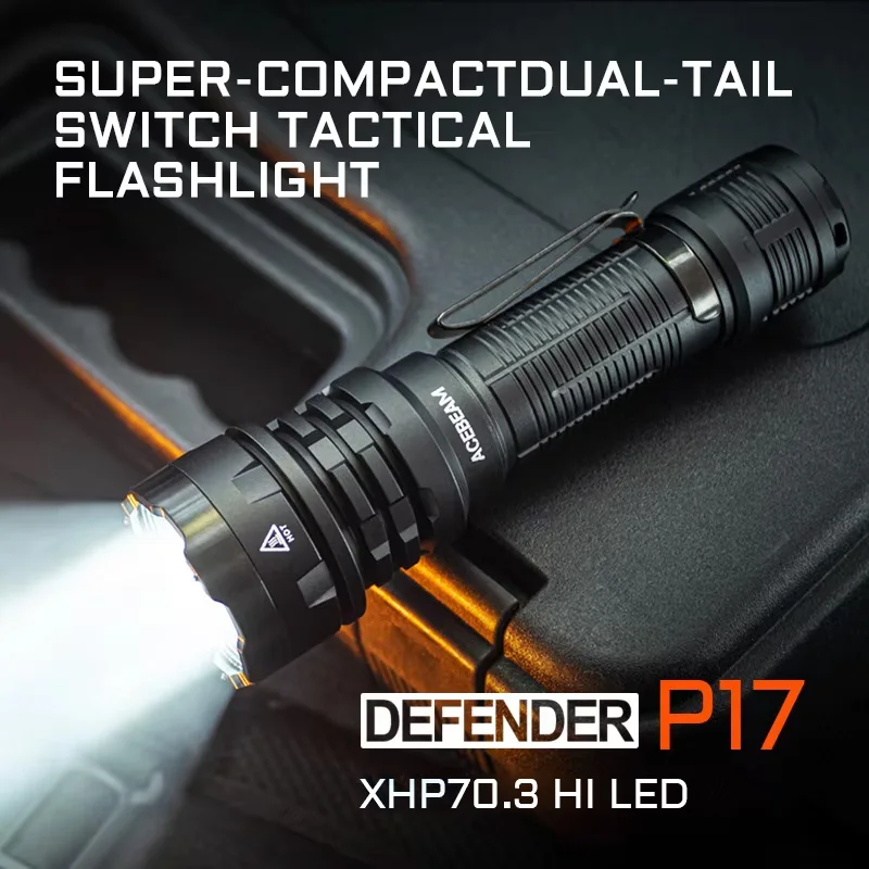 ACEBEAM Defender P17 Tactical Flashlight Dual Tail Switch 4900lm 445m Long Range Throw Instant Activation/Strobe XHP70.3 HI LED