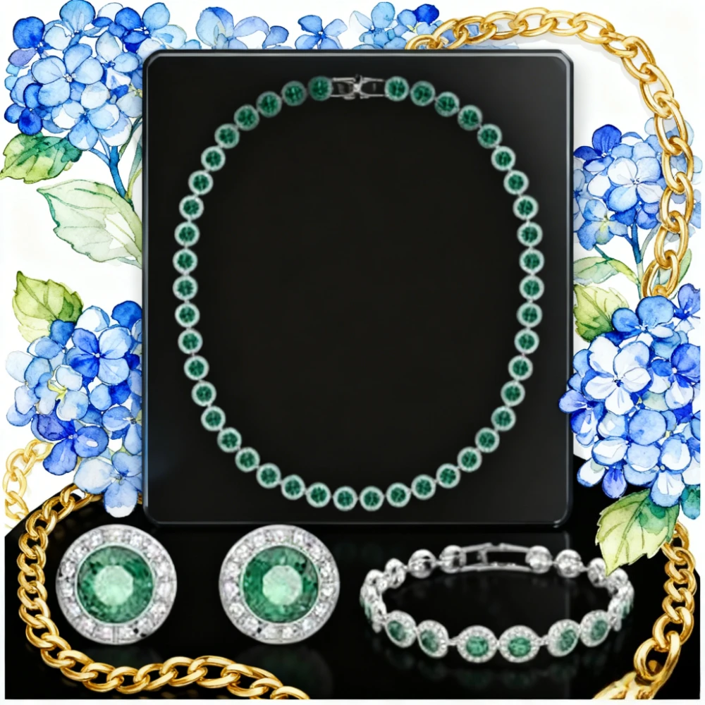 

2025 Trendy Jewelry Hot Texture Crystal Necklace Earrings Bracelet Three Piece Set Vitality Green Set Engagement Preferred