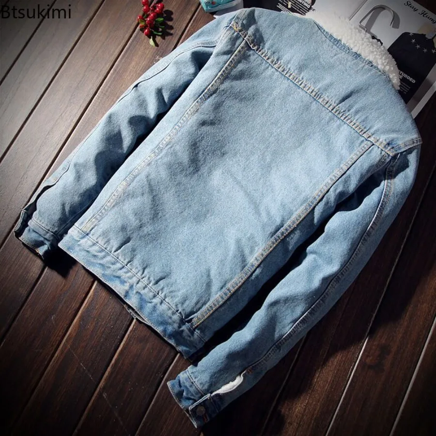 New 2025 Men's Warm Denim Jackets Winter Thick Fleece Jeans Jacket Male Lapel Button Casual Slim Outwear Windbreaker Cowboy Coat