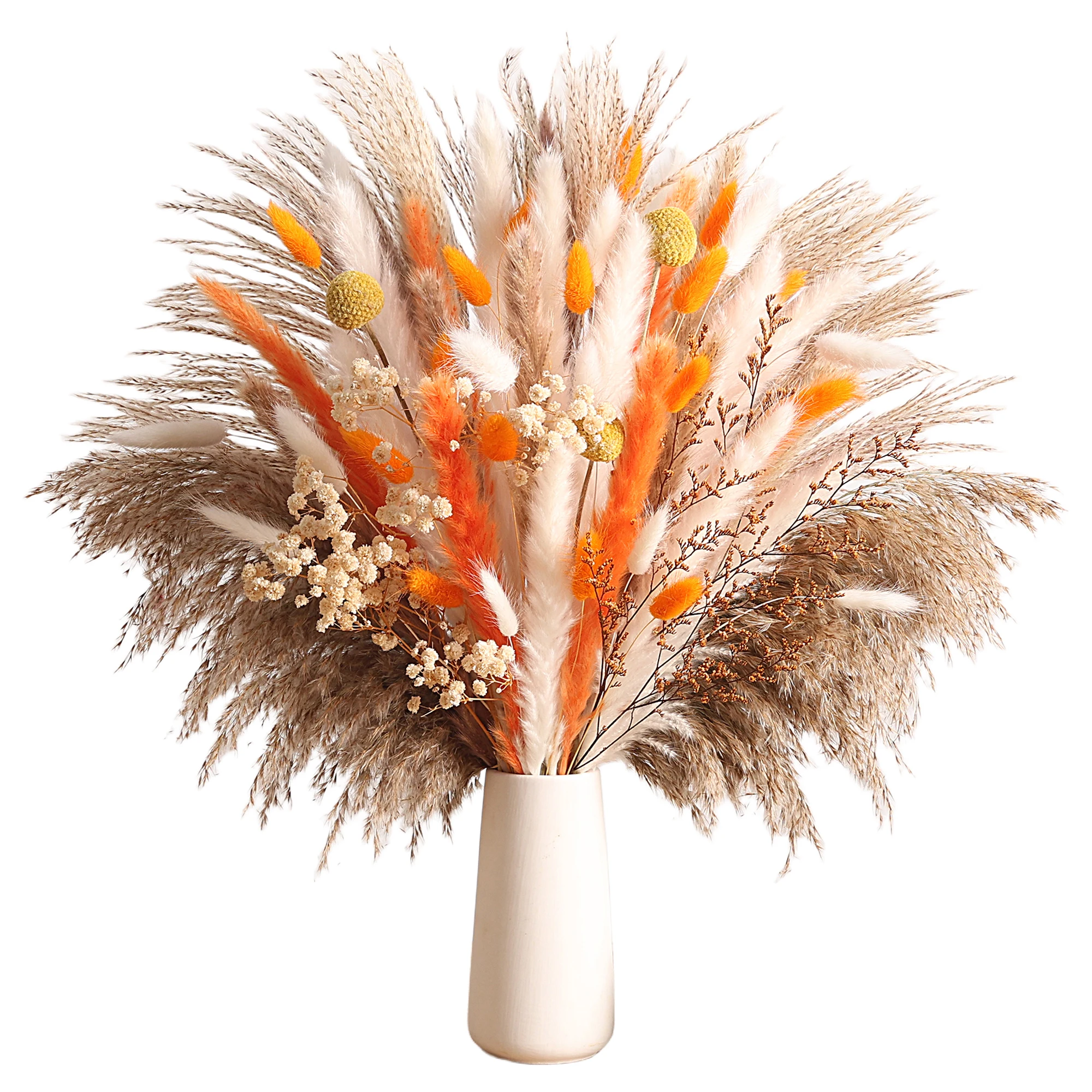 

65pcs Orange Dried Flowers Bouquet Pampas Bunny Tails Grass Boho Home Fall Decoration Artificial Baby Breath Wedding Party Decor
