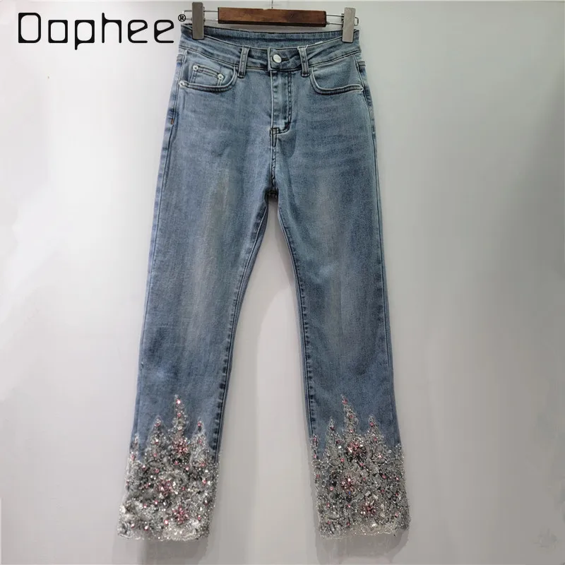

Spring Summer High-waisted Slim Straight Wide-leg Pants Trendy Versatile Women Jeans Elastic High End Rhinestone Sequin Jeans