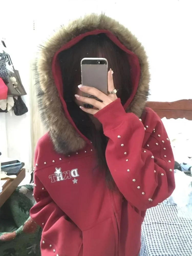 2026 Harajuku Fur Patchwork Hooded Hoodies Women Y2k Aesthetic Letter Embroidery Loose Hoody Streetwear Grunge Rivet Sweatshirts