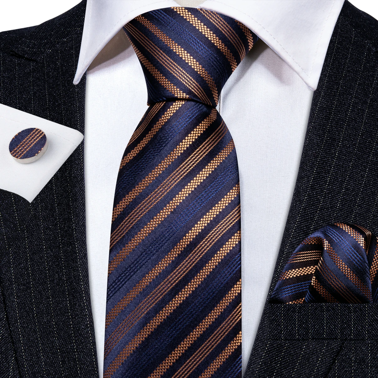 Designer Stripe Men Ties Navy Gold Retro Woven Neck-Tie Pocket Square Cufflinks Sets Wedding Gift Business Barry.Wang FA-6259