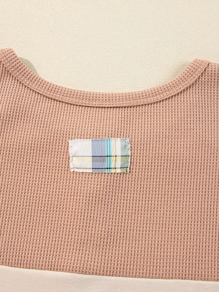 GIBSIE Plus Size Plaid Splicing Long Sleeved T-shirt For Women 2025 Autumn O-Neck Button Front Casual Loose Matching Tee Tops